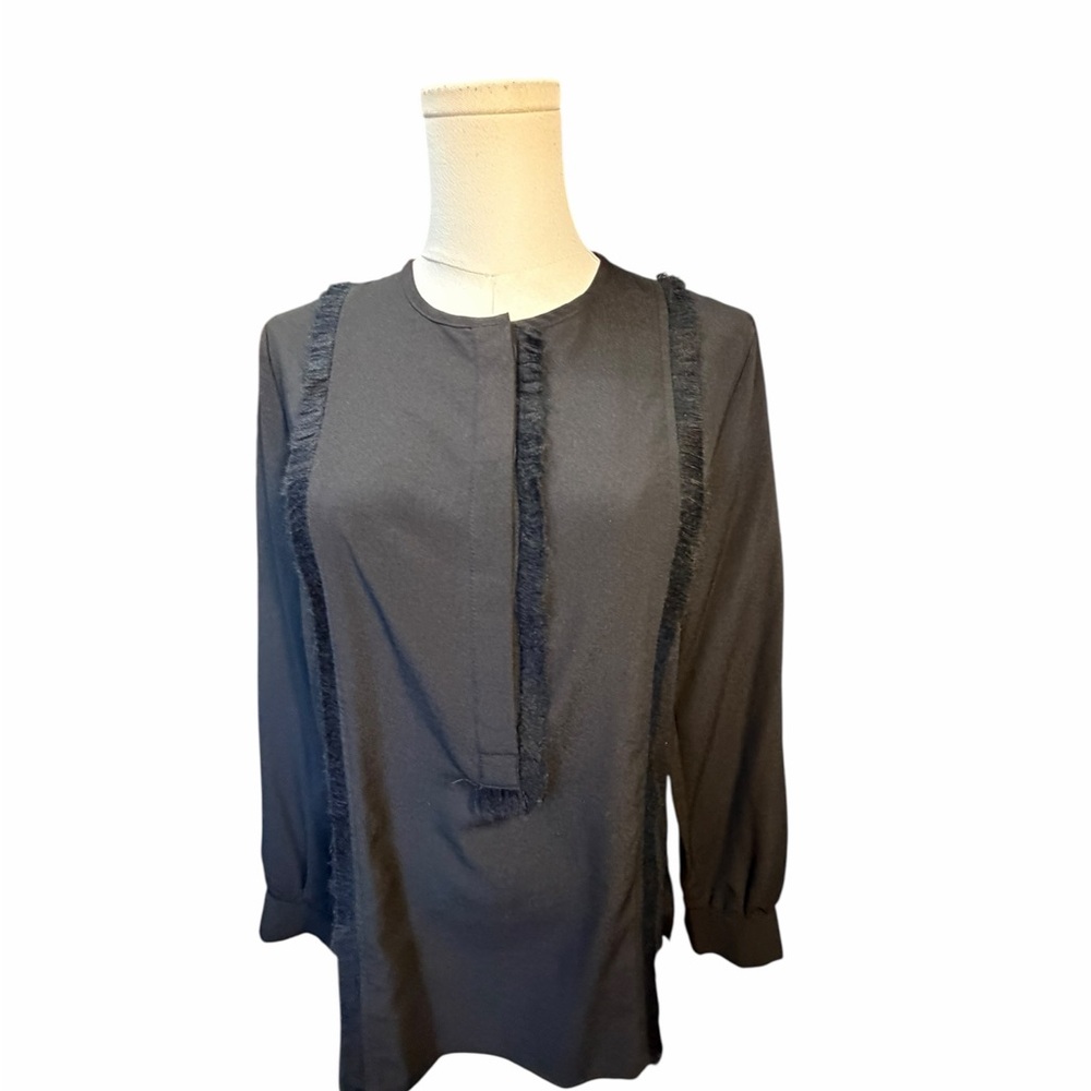 Scoop NYC Black Long-Sleeve Fringe-Trim Blouse Sz Small